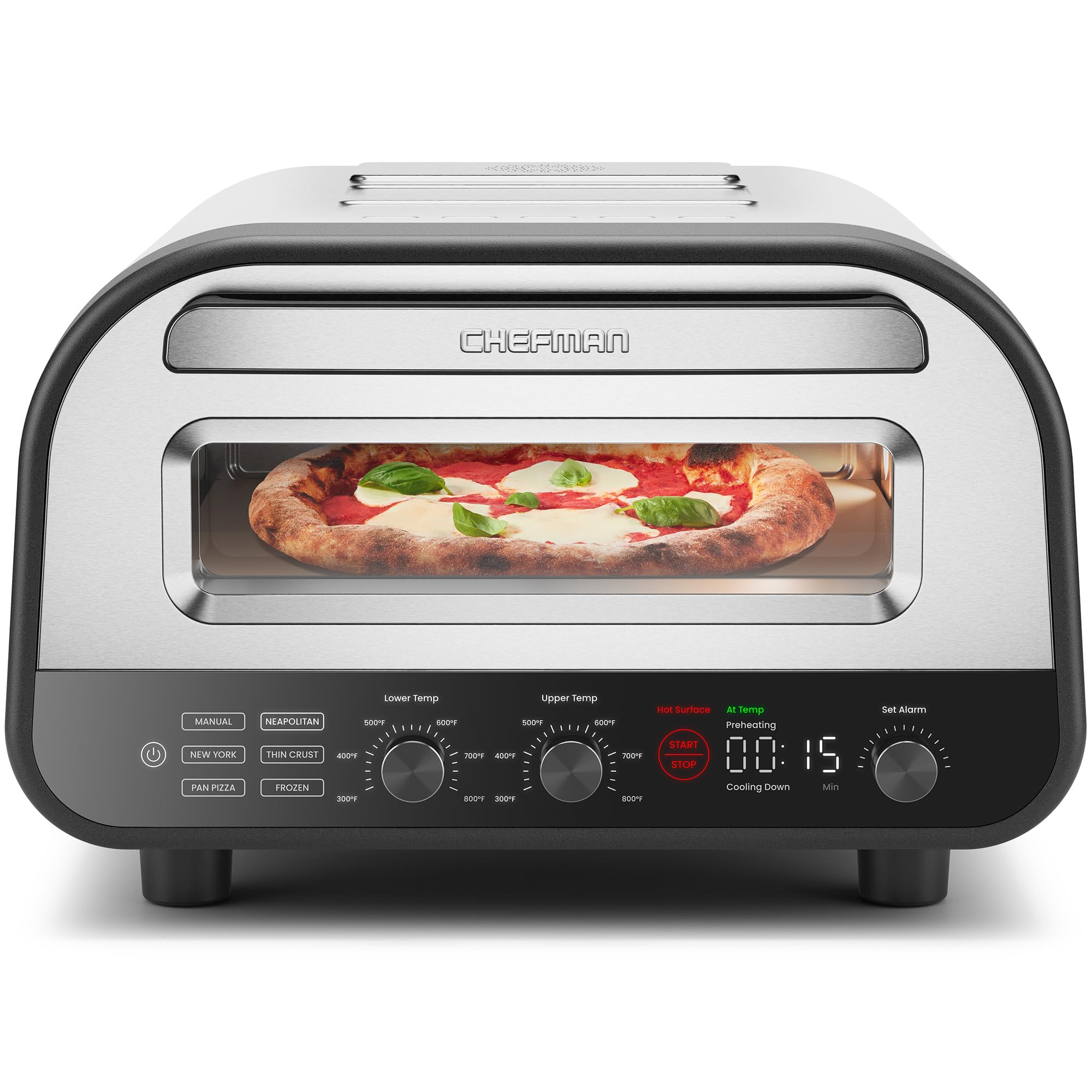 CHEFMAN Indoor Pizza Oven - Makes 12 Inch Pizzas in Minutes, Heats up to 800°F - Countertop Electric Pizza Maker with 5 Touchscreen Presets, Pizza Stone and Peel Included - Stainless Steel