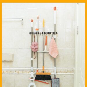 2 Pack Broom Holder Wall Mount with 13" Heavy-duty Storage Strap Bundle - 5 Racks and 4 Hooks Broom Hanger Wall Mount, Mop and Broom Holder Wall Mount, Self Adhesive, Heavy Duty, Stainless Steel