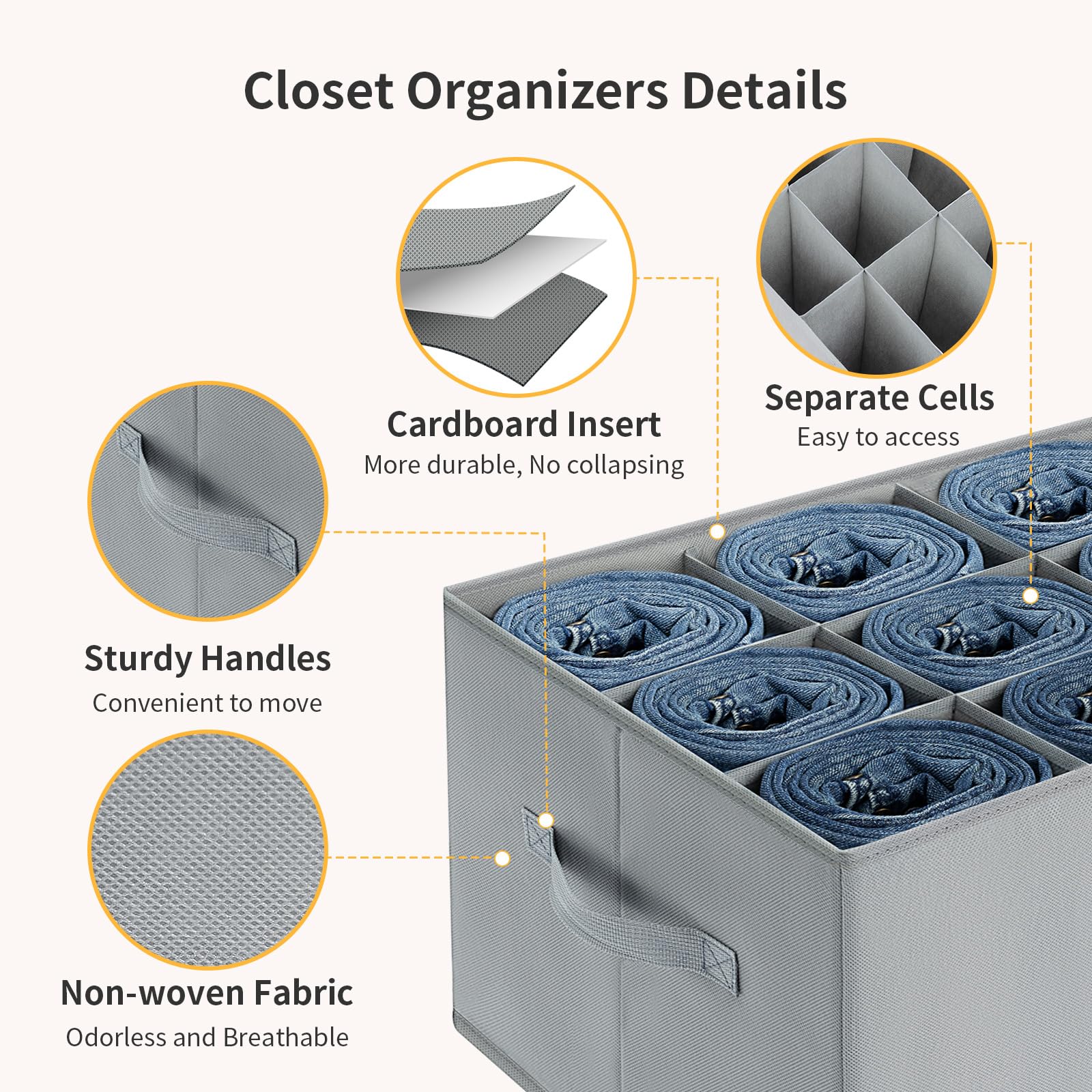 DIMJ Wardrobe Clothes Organizer, Jean Pants Towel Organizers for Closet, 9 Cell Stackable Wardrobe Shelf Dividers, Foldable Storage Bins for Clothes Sweater T-shirts Legging, 4 Pcs Grey