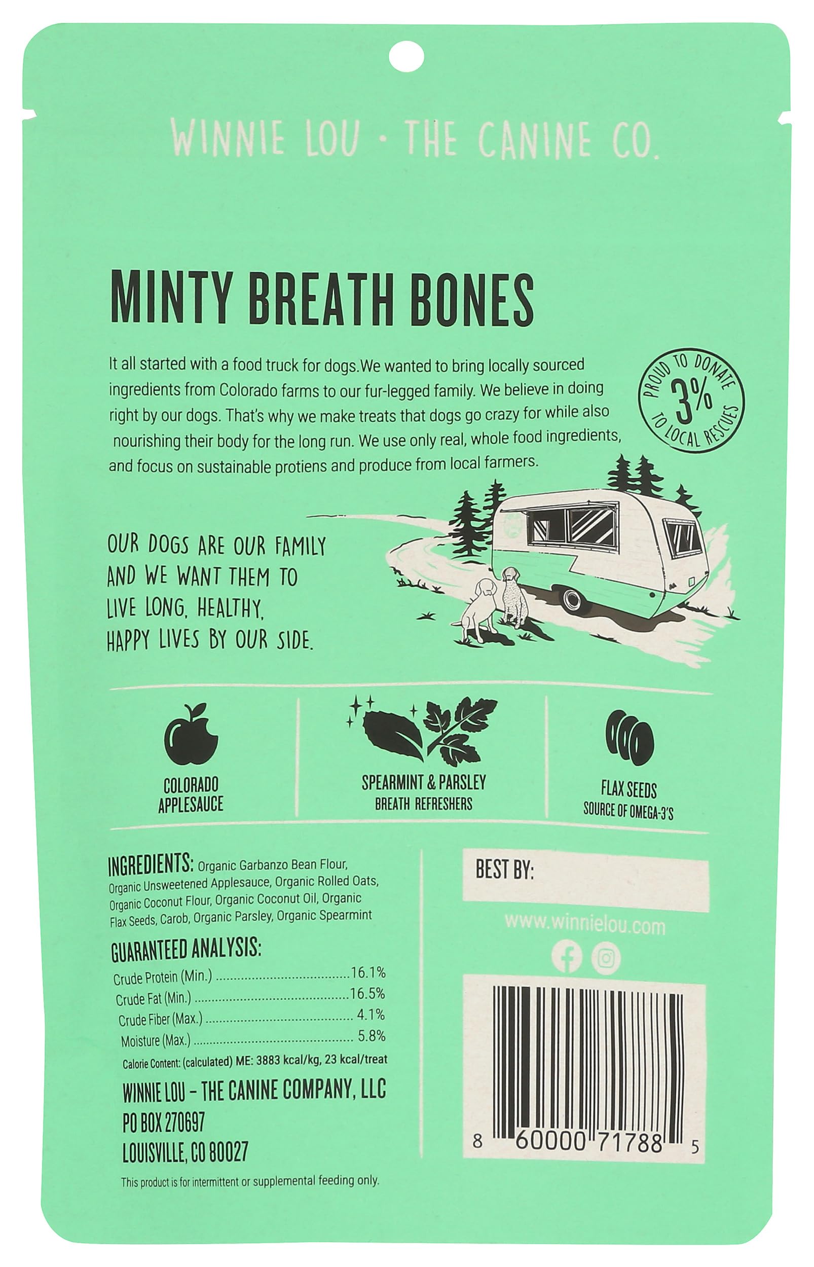 Winnie Lou Minty Breath Bones - Organic Healthy Dog Treats Made in The USA with Spearmint, Parsley, Spirulina for Fresh Breath - Human Grade Dog Biscuits Sourced from Local Colorado Farms, 2 Pack