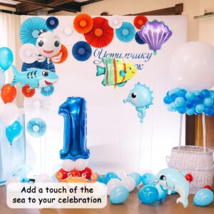 16Pcs Under the Sea Party Decorations, KUAOOAUK Large Ocean Themed Party Decorations, Starfish Seahorse Shark Crab Foil Balloons, Sea Animal Balloons for Kids Baby Shower Birthday Party