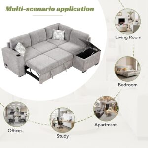 P PURLOVE Sectional Sofa with Pull-Out Sleeper Sofa Bed, Reversible Sectional Sofa with Storage Chaise, L Shaped Couch with Coffee Table for Living Room (Light Gray)