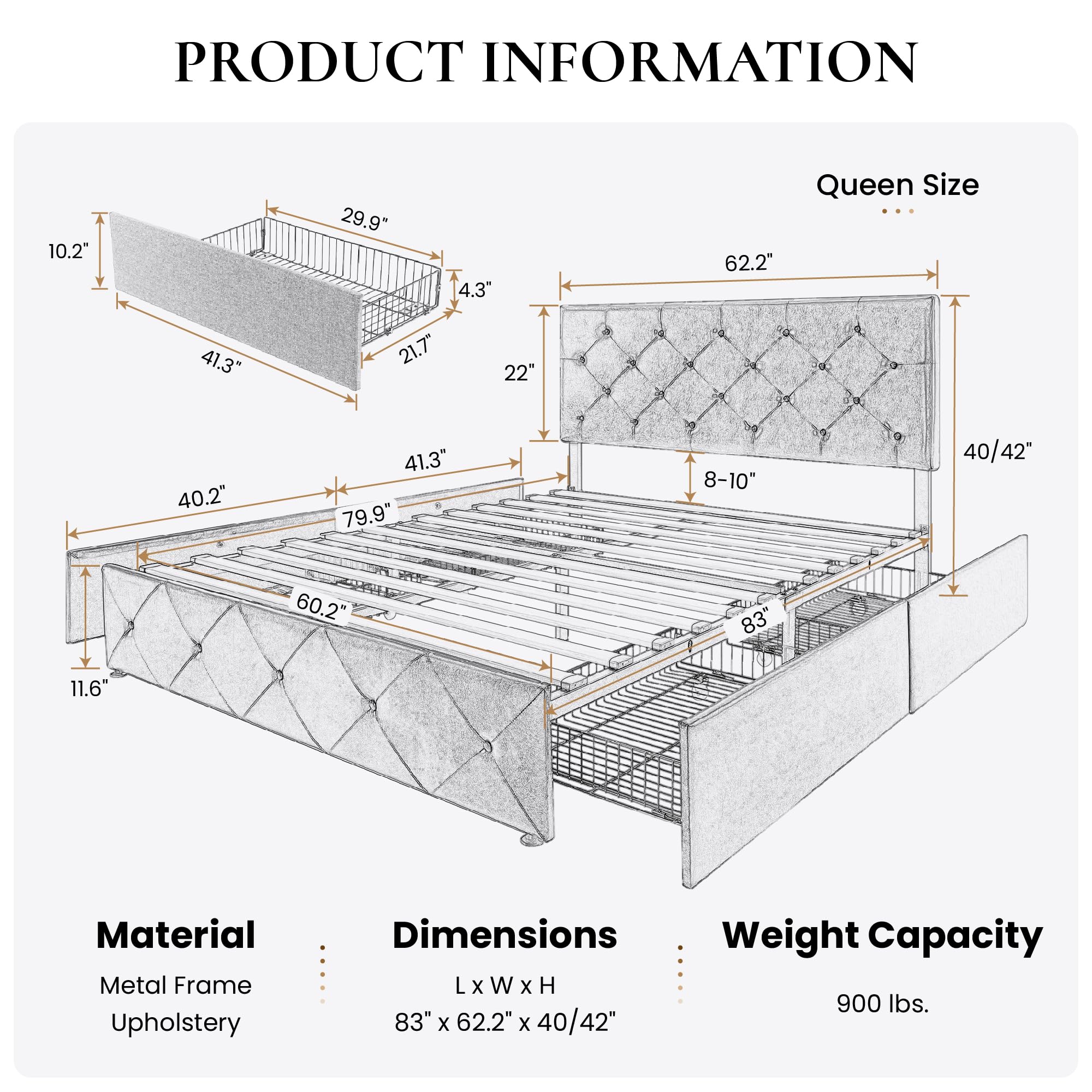 SHA CERLIN Upholstered Queen Platform Storage Bed Frame with 4 Drawers, Adjustable Headboard with Faux Leather Diamond Button Tufted Design, Wooden Slat Support, No Box Spring Needed, White