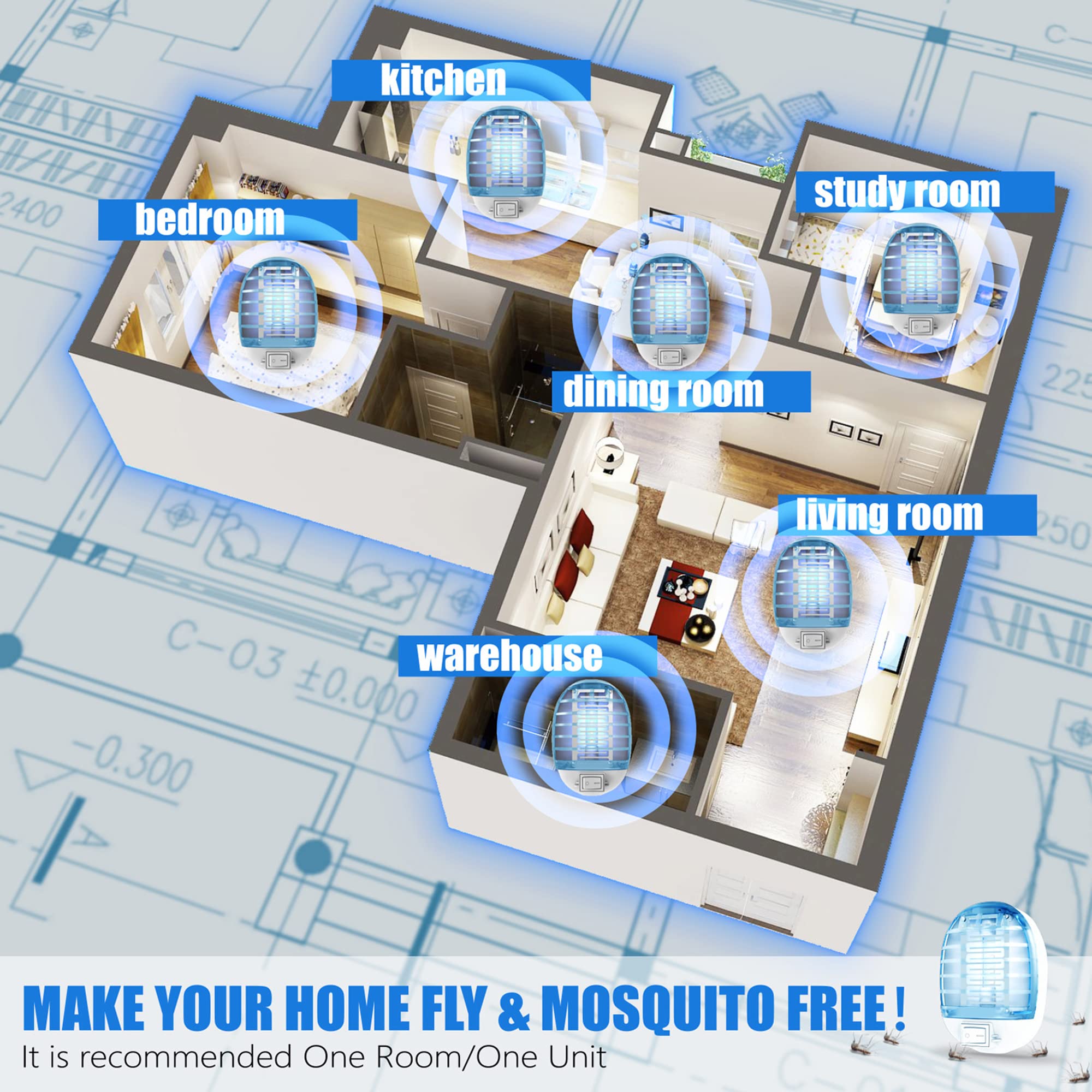 Bug Zapper Indoor, Electronic Fly Trap Insect Killer, Mosquitoes Killer Mosquito Zapper with Blue Lights for Living Room, Home, Kitchen, Bedroom, Baby Room, Office(6 Packs)