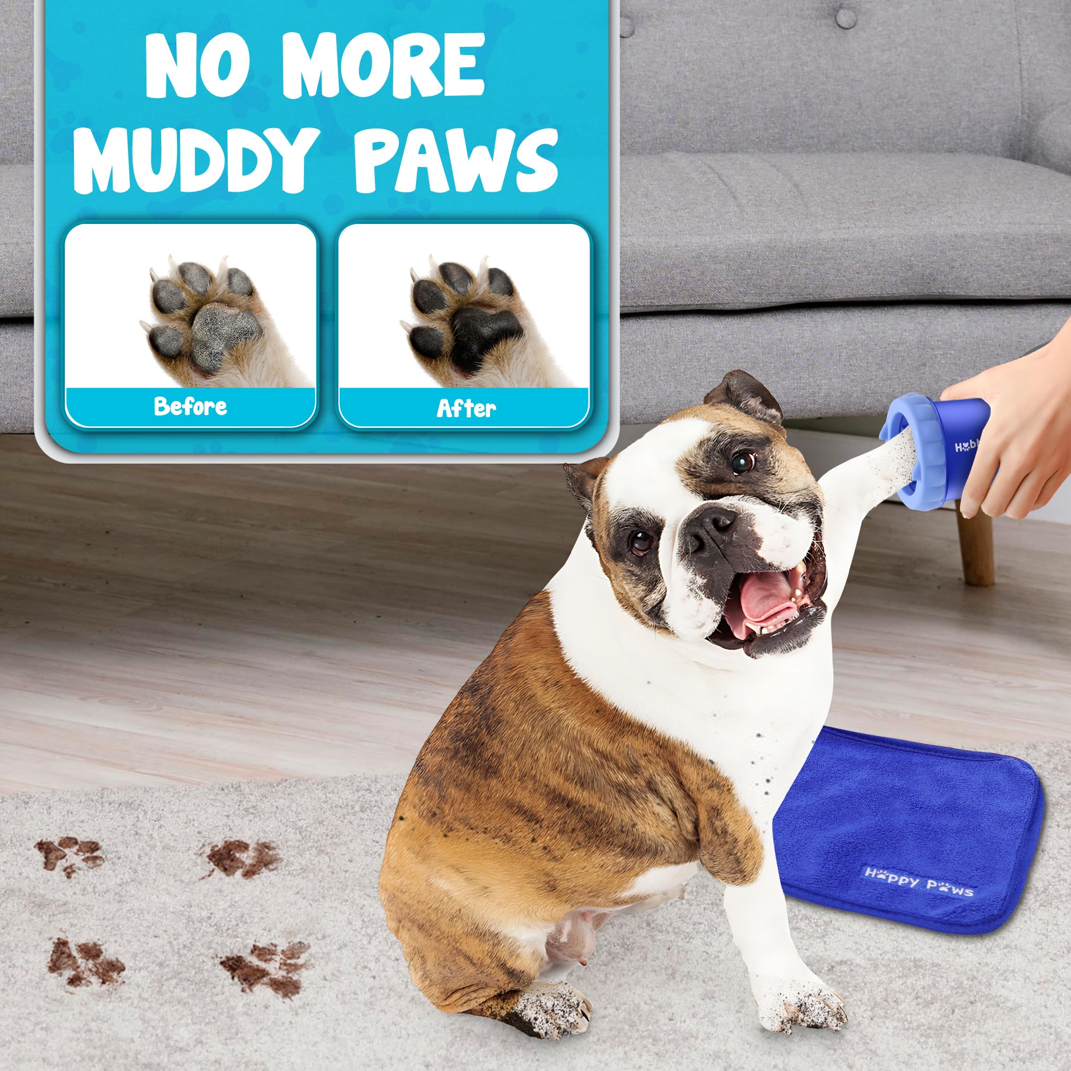 Happy Paws Dog Paw Cleaner | Portable Washer Cup for Small Cute Dogs with Towel and Hanger | Silicone Pet Foot Cleaning Brush Scrubber | Grooming Essentials to Wash Muddy Puppy Feet | Blue