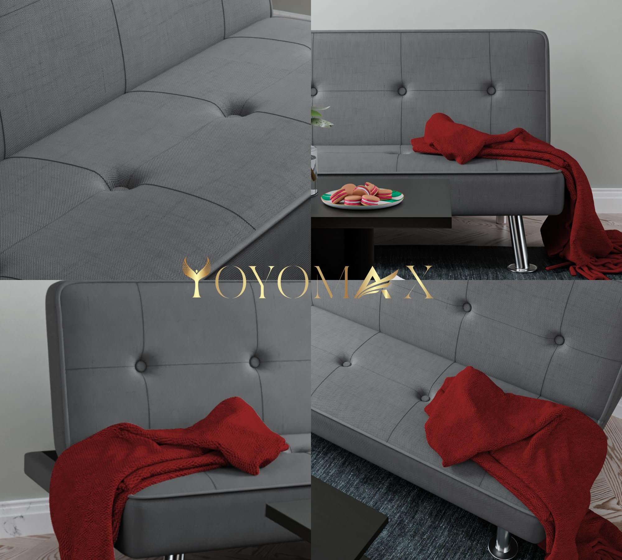 yoyomax Futon Sofa Bed, Adjustable Modern Convertible Sofa Bed Couch - Breathable Fabric Folding Sofa Bed Easy to Clean-Ideal for Bedroom, Living Room and Office-Compact Design for Spacing Saving-Grey