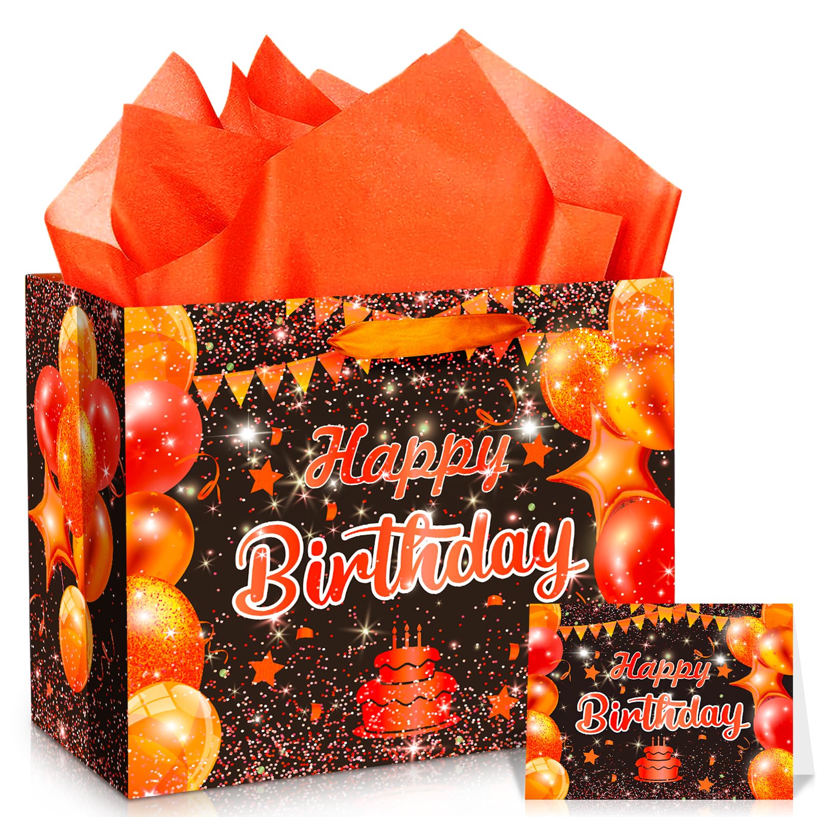 Large Happy Birthday Gift Bags Orange Birthday Gift Bag with Handle and Tissue Paper Card Birthday Gift Bags for Kids Adults Birthday Party Bags Birthday Candy Bags Treat Bags Orange Birthday Suppy