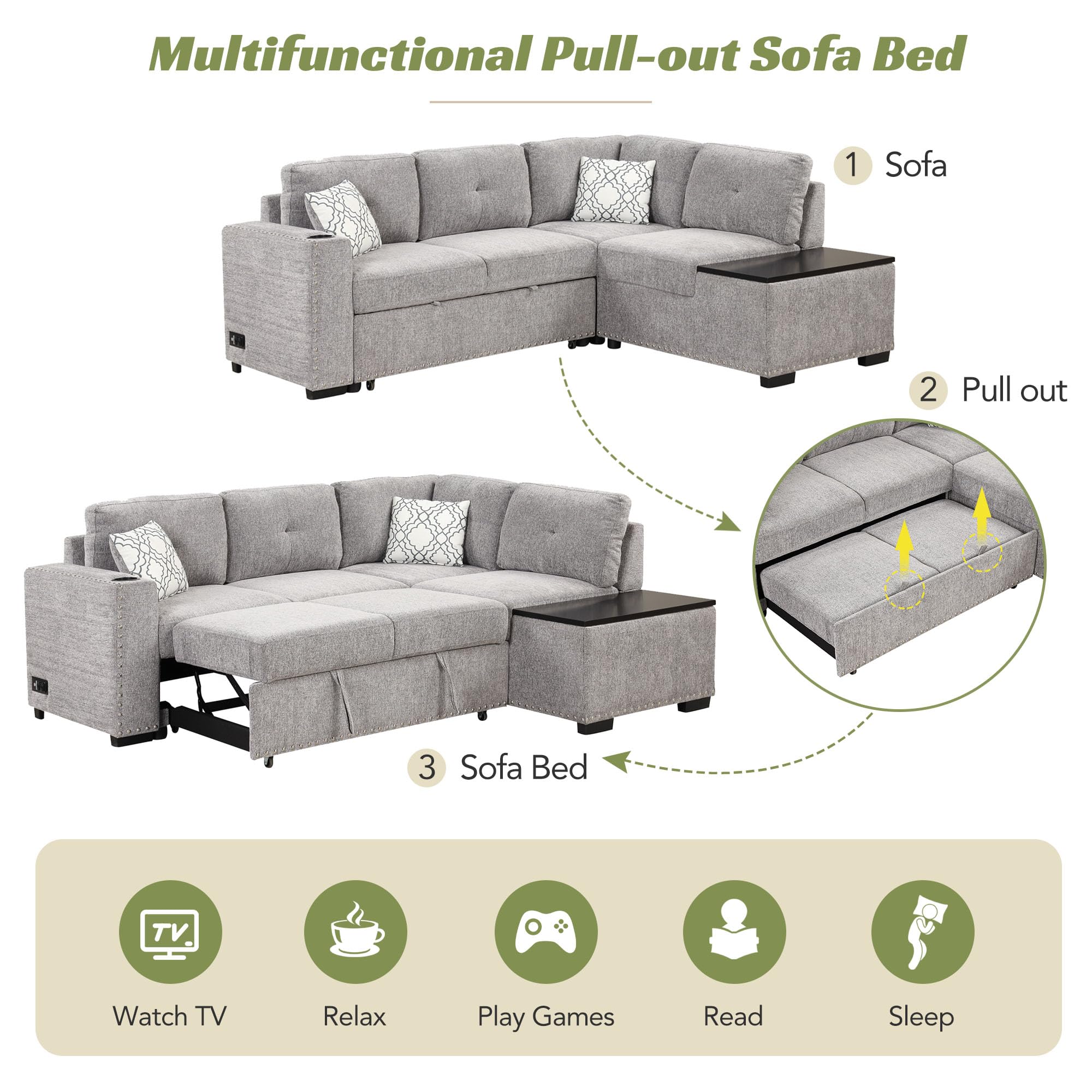 P PURLOVE Sectional Sofa with Pull-Out Sleeper Sofa Bed, Reversible Sectional Sofa with Storage Chaise, L Shaped Couch with Coffee Table for Living Room (Light Gray)