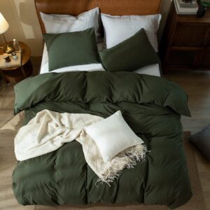 Dark Green Duvet Cover Queen, 100% Washed Cotton Linen Like Textured 3 Pieces Bedding Set, Queen Duvet Dark Green, Luxury Relaxed Feel Natural Wrinkled Breathable Soft Comfy (Dark Green, Queen)