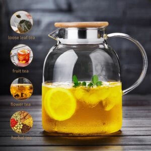 Large Glass Teapot with Infuser, Stovetop Safe, Thickened Heat Resistant Borosilicate Glass, 68 fl oz Glass Tea Kettle with Bamboo Lid