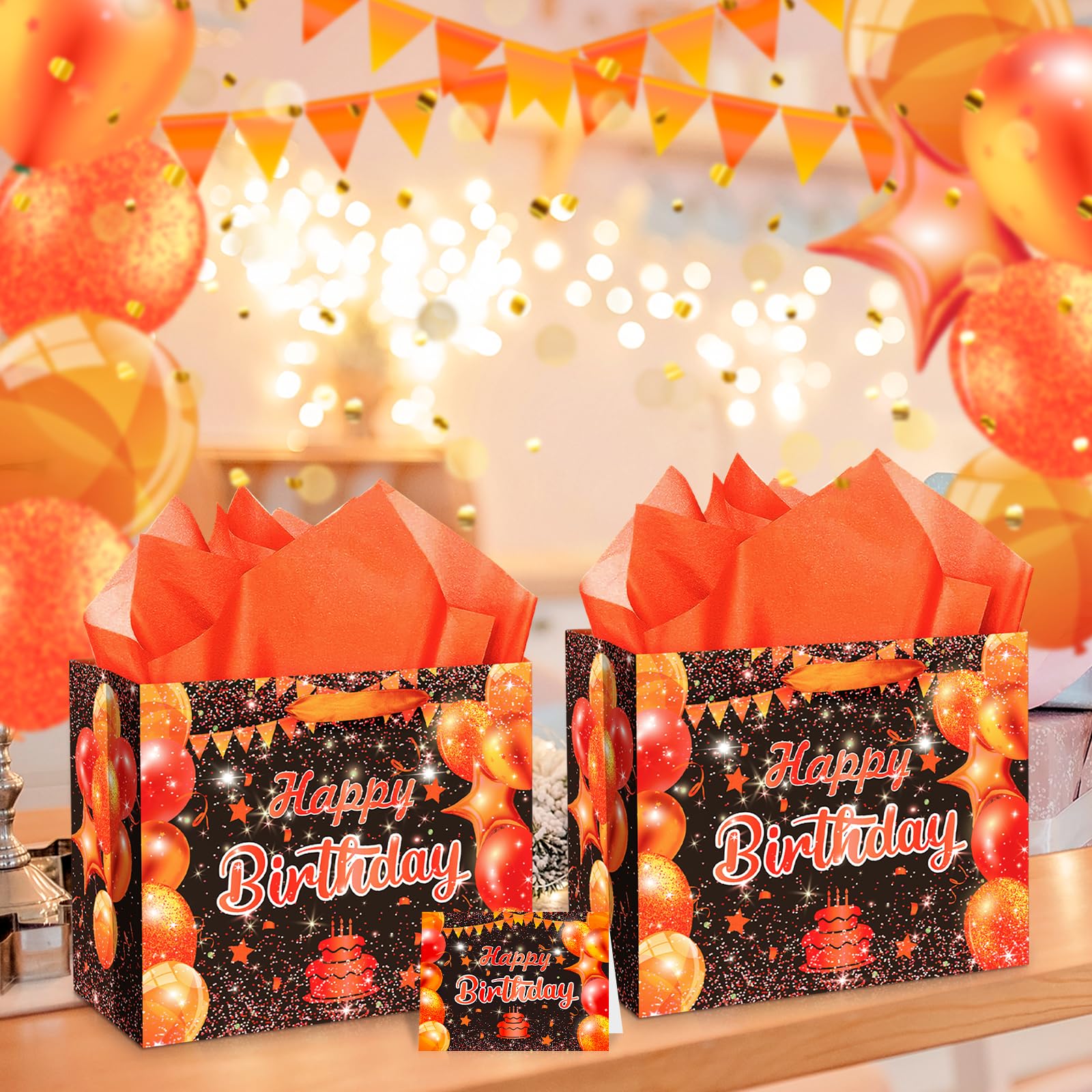 Large Happy Birthday Gift Bags Orange Birthday Gift Bag with Handle and Tissue Paper Card Birthday Gift Bags for Kids Adults Birthday Party Bags Birthday Candy Bags Treat Bags Orange Birthday Suppy