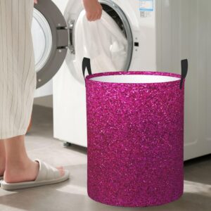 Large Laundry Hamper Bag, Collapsible Laundry Basket Faux Hot Pink Glitter Sparkle Dirty Clothes Storage Washing Bin for Bathroom, Dorm Essentials