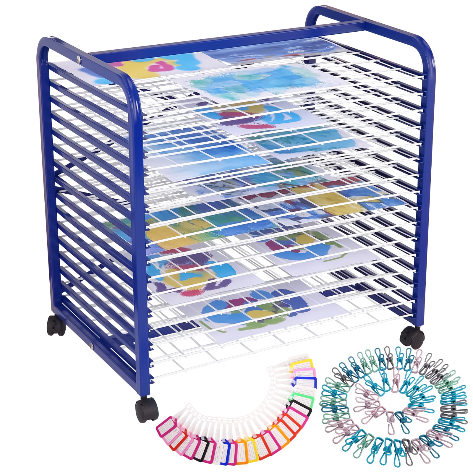 Garvee Art Drying Rack with 4 Lockable Wheels - Metal Art Storage Rack with 16 Removable Shelves, Art Organizer 18" D x 26" W x 26" H for Art Studio, Artwork, Craft Room and Desktop, Blue