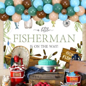 kreat4joy Fishing Baby Shower Decorations for Boy, Gone Fishing Baby Shower Decorations, Blue Green Brown Balloon Arch with a Little Fisherman Is On The Way Backdrop for Fish Outdoor Adventure Camping