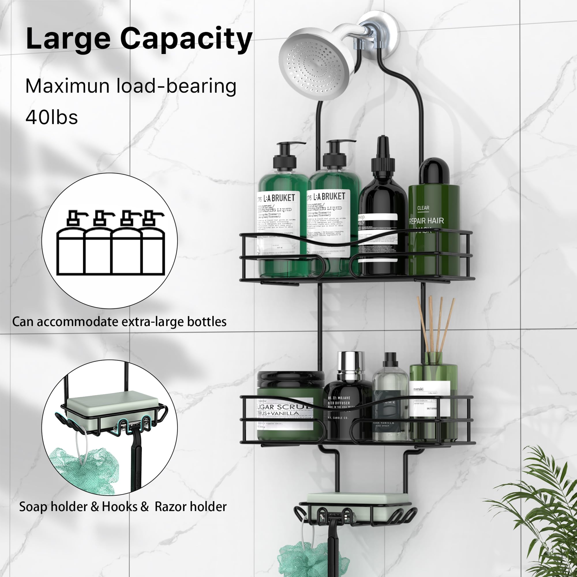 DAOYA Bathroom Shower Caddy Hanging - Shower Organizer Hanging 3-Tier with Soap Holder & 6 Hooks for Towels, Sponge, Shower Caddy over Shower Head Fits 21mm Shower Head Arm, Black