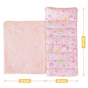 Viviland Toddler Kid Nap Mat for Preschool, Girls Pink Princess Slumber Bag, Daycare Sleeping Bag with Pillow and Blanket, Kindergarten Sleep Mat