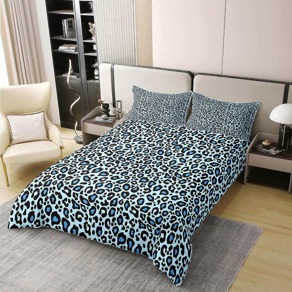 Castle Fairy Leopard Cheetah Pattern Duvet Cover Set 100% Natural Cotton Twin Size Leopard Print Blue Super Soft Bedding Set 2 PCS Wild Animal Skin Cotton Comforter Cover for Bedroom Decor