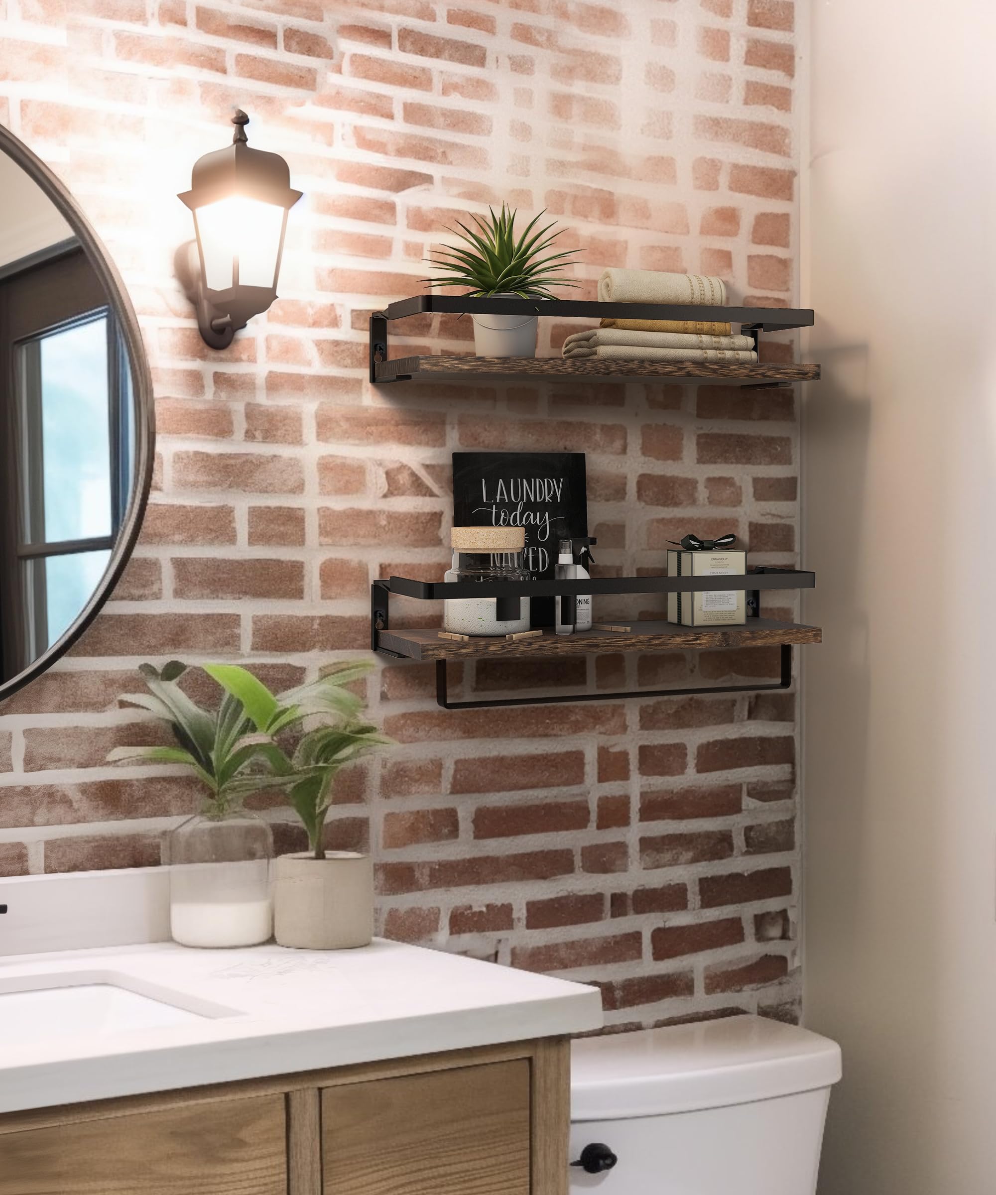 Afuly Bathroom Shelves for Wall, Floating Shelf Bathroom Over Toilet, Wall Mounted Shelves with Towel Bar Rack, Industrial Modern Home Decor Dark Brown