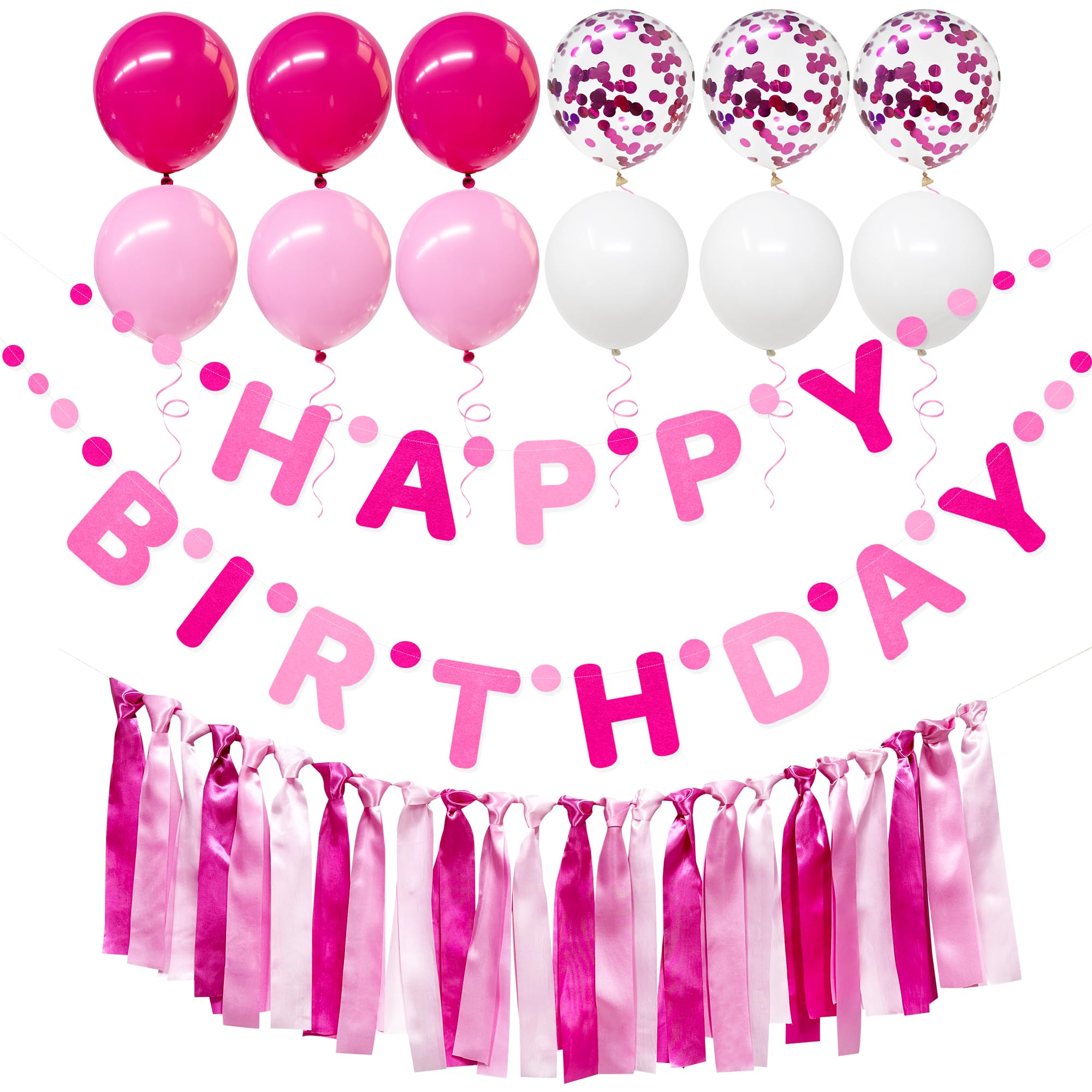 Hot Pink Birthday Felt Party Decorations for Girls Women Happy Birthday Banner Pink Ribbon Garland Balloon Backdrop Happy Birthday Decorations for Hot Girl Bday Princess Theme Birthday Party Supplies