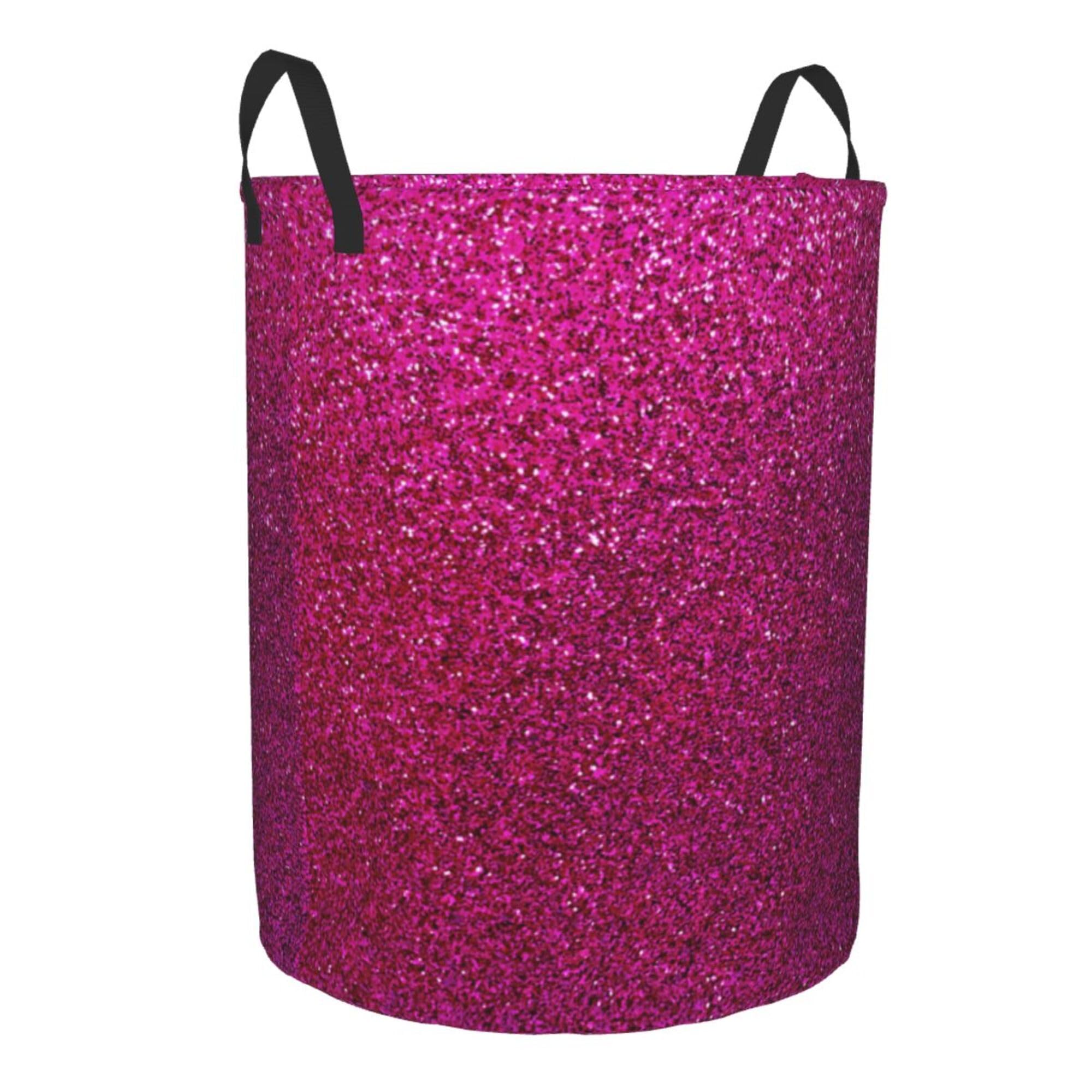 Large Laundry Hamper Bag, Collapsible Laundry Basket Faux Hot Pink Glitter Sparkle Dirty Clothes Storage Washing Bin for Bathroom, Dorm Essentials