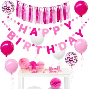 Hot Pink Birthday Felt Party Decorations for Girls Women Happy Birthday Banner Pink Ribbon Garland Balloon Backdrop Happy Birthday Decorations for Hot Girl Bday Princess Theme Birthday Party Supplies