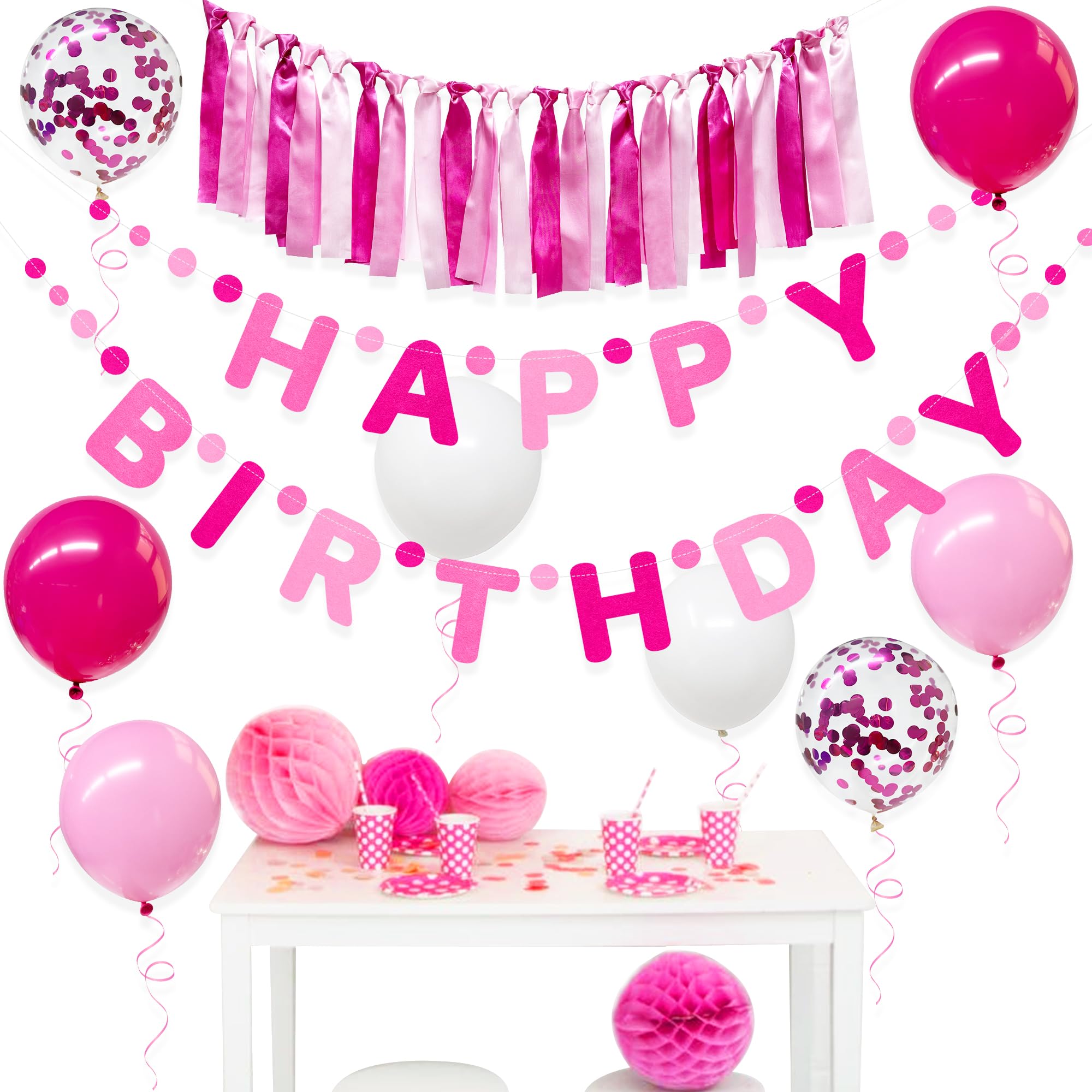 Hot Pink Birthday Felt Party Decorations for Girls Women Happy Birthday Banner Pink Ribbon Garland Balloon Backdrop Happy Birthday Decorations for Hot Girl Bday Princess Theme Birthday Party Supplies