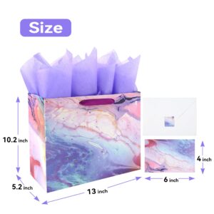 13" Large Purple and Red Gift Bag Set with Greeting Card and Tissue Paper(Marble Design) for Celebrating Birthdays, Valentine's Day, Weddings, Anniversaries, Mother's Day- 13”x5.2”x10.2”,1 Pcs