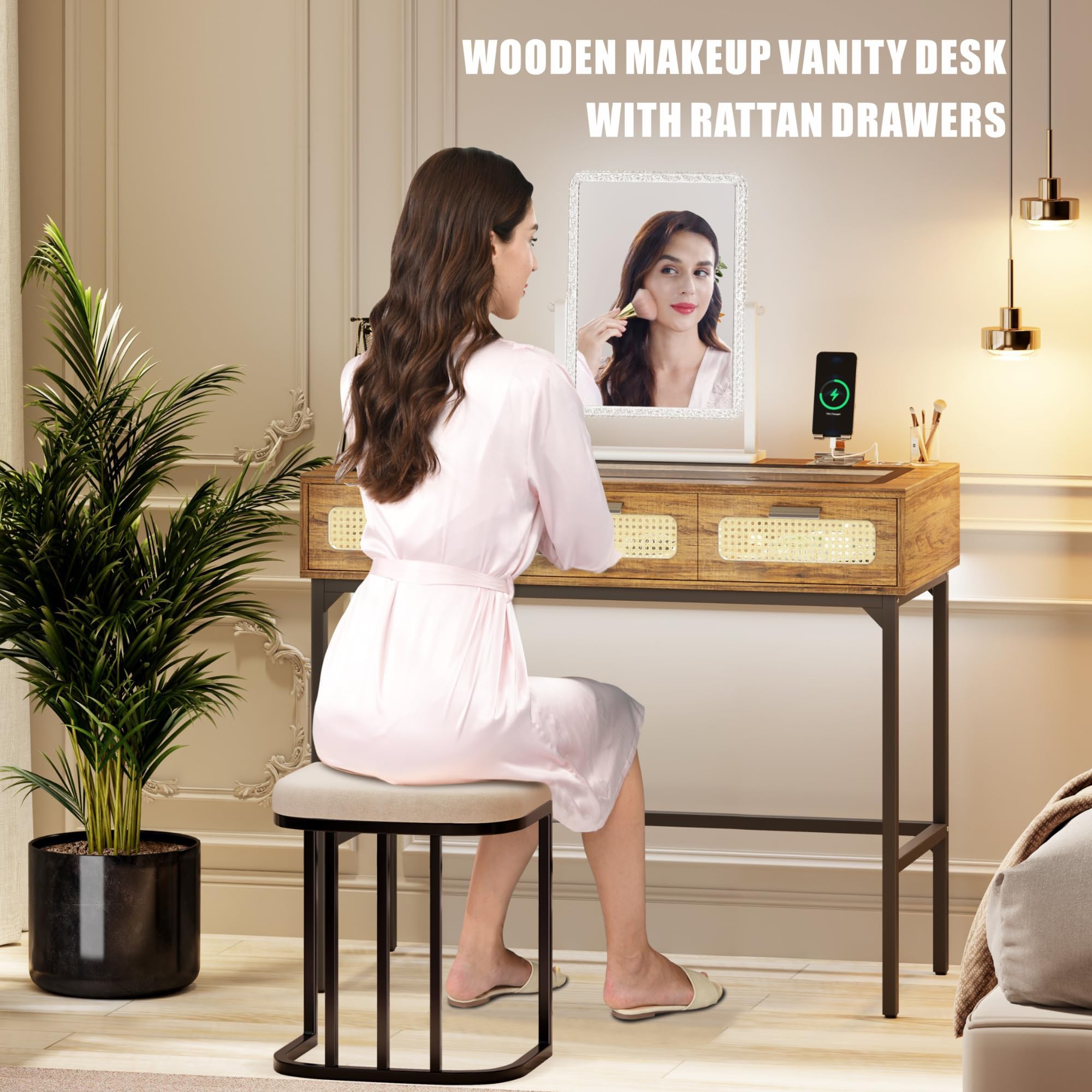 FREDEES Makeup Vanity with LED Lights - Vanity Desk with Glass Top Design & Charging Station, Wooden Makeup Table with Rattan Drawers, Bedroom Furniture Dressing Table Office Desk