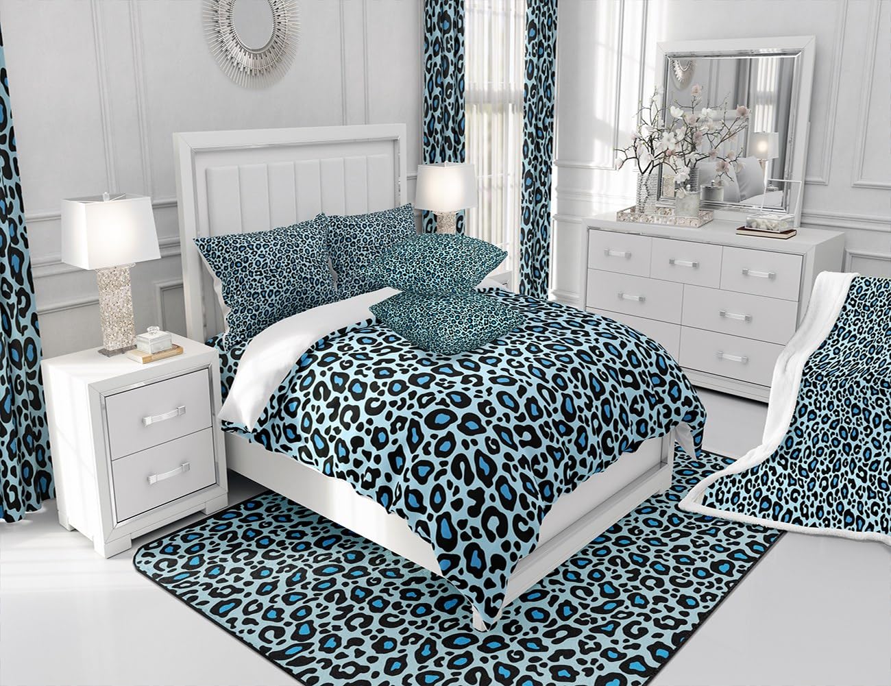 Castle Fairy Leopard Cheetah Pattern Duvet Cover Set 100% Natural Cotton Twin Size Leopard Print Blue Super Soft Bedding Set 2 PCS Wild Animal Skin Cotton Comforter Cover for Bedroom Decor