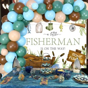 kreat4joy Fishing Baby Shower Decorations for Boy, Gone Fishing Baby Shower Decorations, Blue Green Brown Balloon Arch with a Little Fisherman Is On The Way Backdrop for Fish Outdoor Adventure Camping