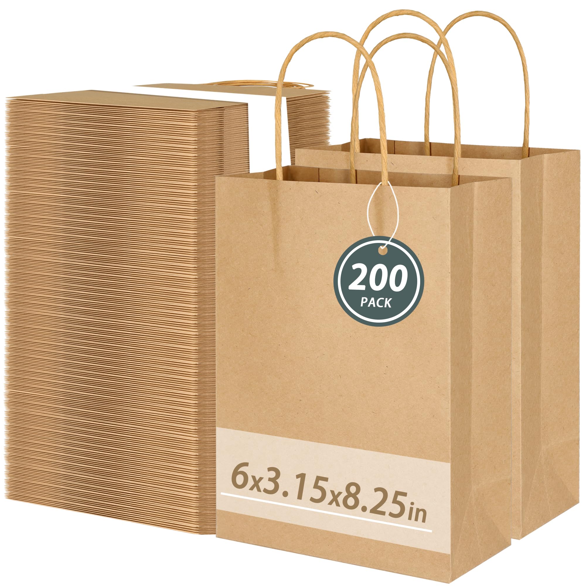 GITMIWS 200 Pack Small Brown Gift Bags, 6''x3.15''x8.25'' Small Kraft Paper Bags with Handles, Grocery Retail Craft Paper Bags for Small Business, Birthday Party Favors, Merchandise