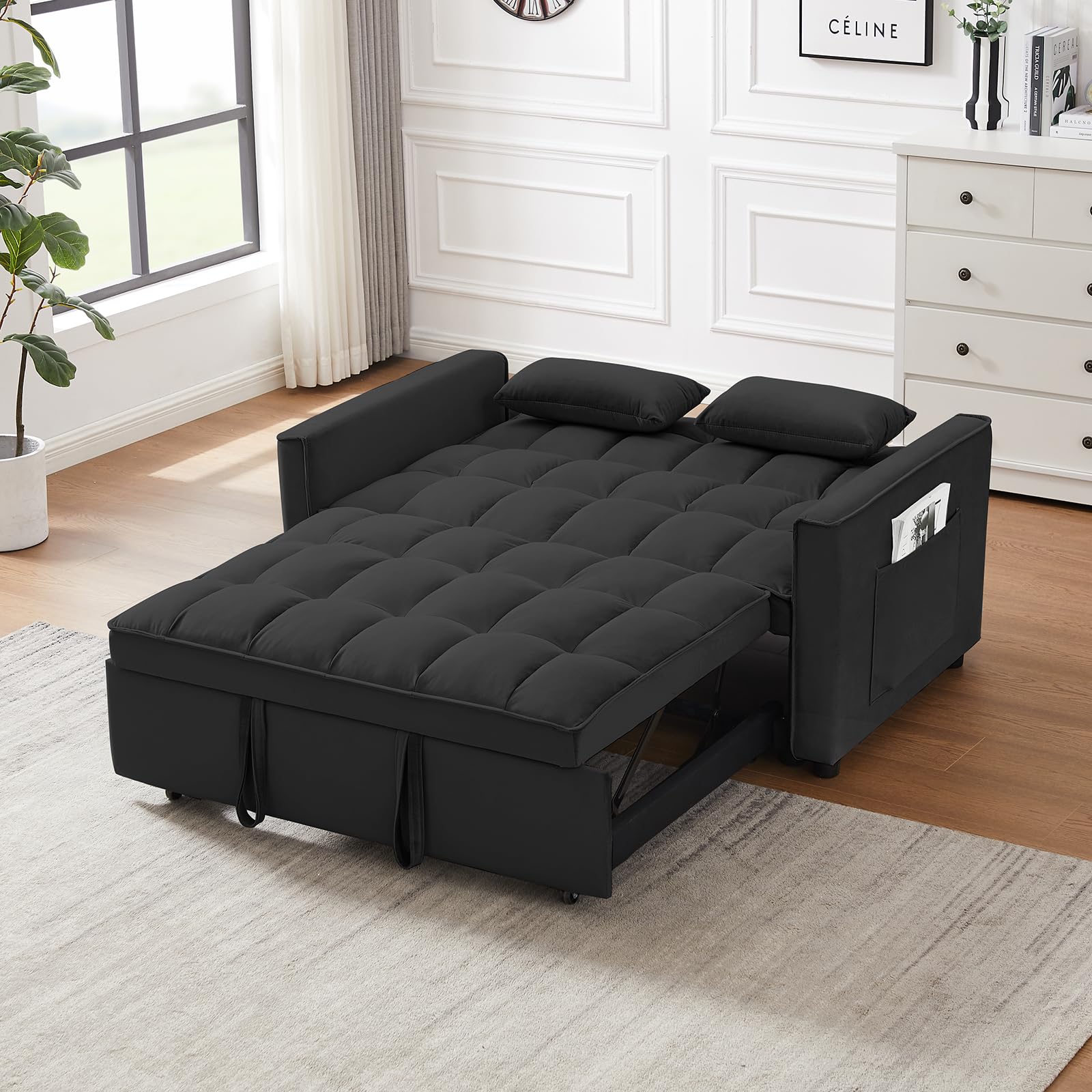 Luoyisimall Convertible Sleeper Sofa Bed，Multi Function 3 in 1 Futon Upholstered Couch w/Toss Pillows, Storage Pockets and Pull Out Bed for Living Room，Bedroom,Small Space（Velvet Black）