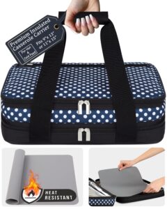 premium insulated casserole carrier with heat-resistant mat for hot or cold food – fits 9”x13” or 11”x15” baking dishes, lasagna holder for potlucks, parties, picnics, and cookouts [navy polka dot]