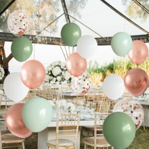 ANSOMO Sage Green and Rose Gold Latex Balloons 12 Inch 50 Pcs Party Decorations Matte White Pink Spring Chrome Confetti Balloons Wedding Birthday Bridal Baby Shower Graduation Décor Supplies