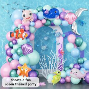 16Pcs Under the Sea Party Decorations, KUAOOAUK Large Ocean Themed Party Decorations, Starfish Seahorse Shark Crab Foil Balloons, Sea Animal Balloons for Kids Baby Shower Birthday Party