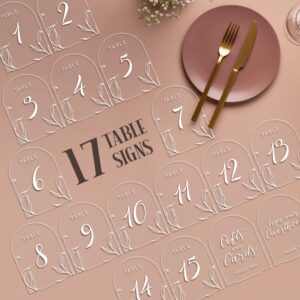 Clear Arch Wedding Table Numbers with Stands 1-15, With Two Additional Table Signs for Guestbook, Gift & Card, 5X7 Acrylic Display Signs & Holders, Pack of 17, Perfect for Centerpiece, Reception, Decoration, Party, Anniversary, Event