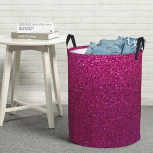 Large Laundry Hamper Bag, Collapsible Laundry Basket Faux Hot Pink Glitter Sparkle Dirty Clothes Storage Washing Bin for Bathroom, Dorm Essentials