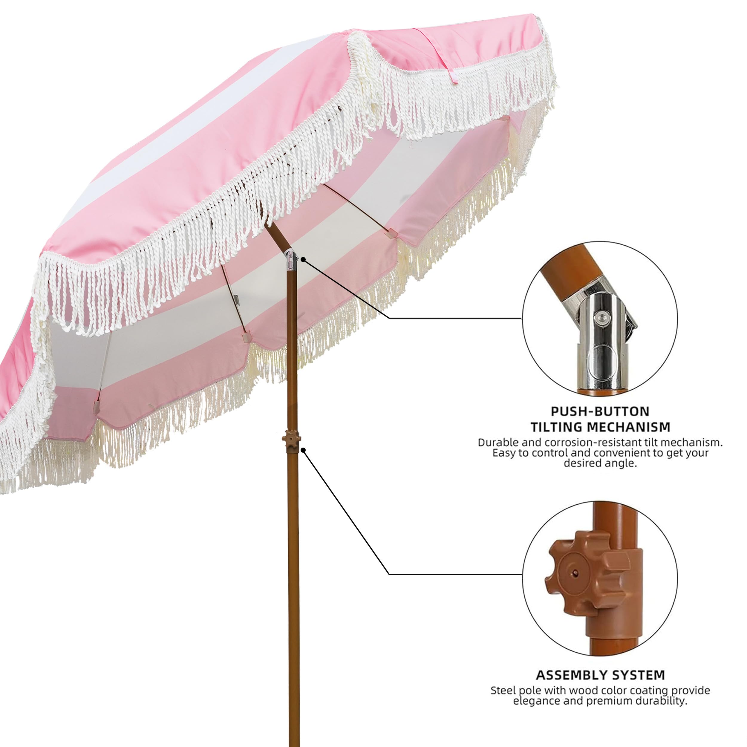 AMMSUN 7ft Patio Umbrella with Fringe Outdoor Tassel Umbrella UPF50+ Premium Steel Pole and Ribs Push Button Tilt, Riviera Pink Stripe