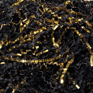 mcfleet 1 lb crinkle cut paper shred filler black & gold crinkle paper shredded paper for gift box - gift basket filler - gift box stuffing for christmas, halloween packaging wrapping