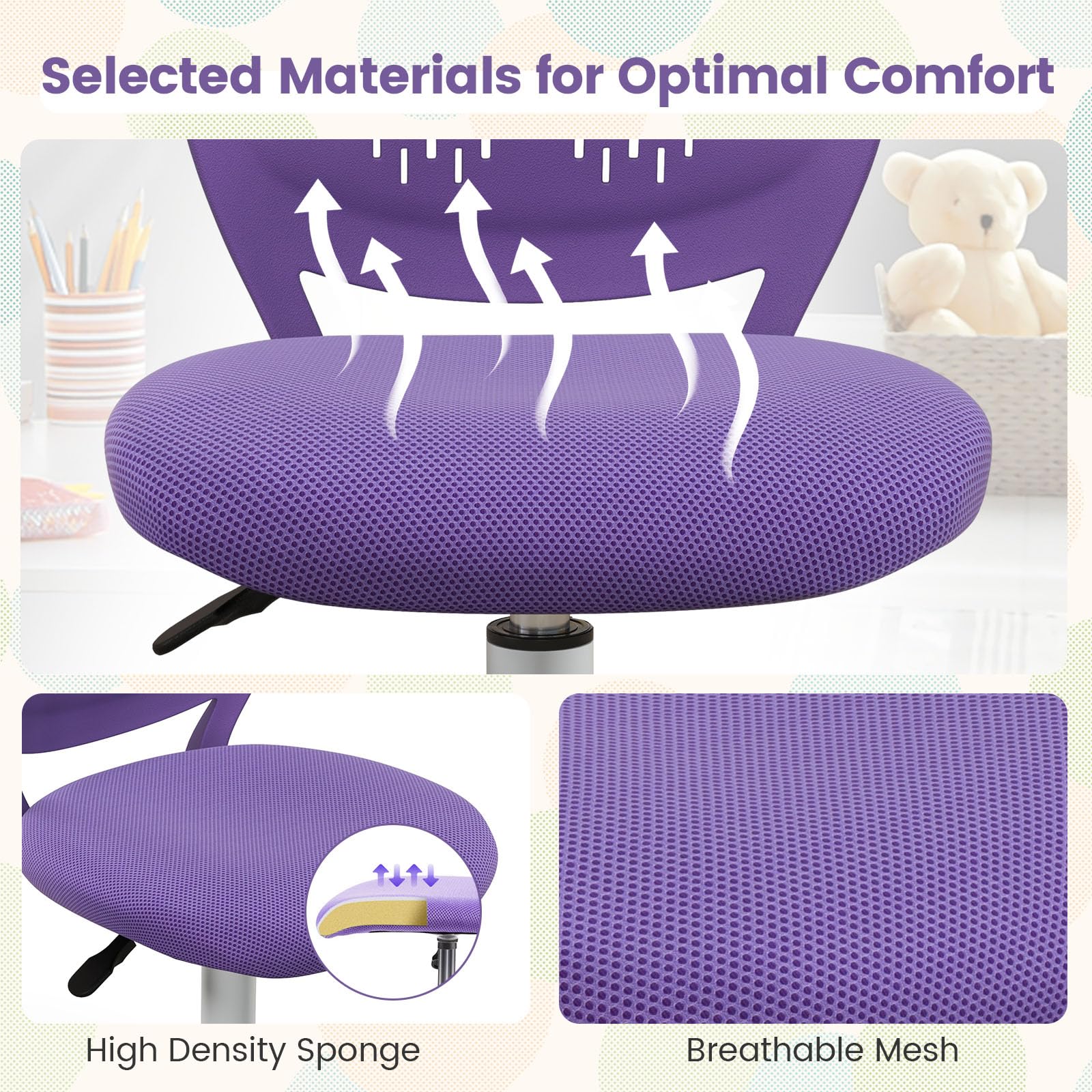 POWERSTONE Home Desk Chair Cute Office Chair Small Adjustable Swivel Task Chair Armless Writing Desk Chair for Small Space Purple