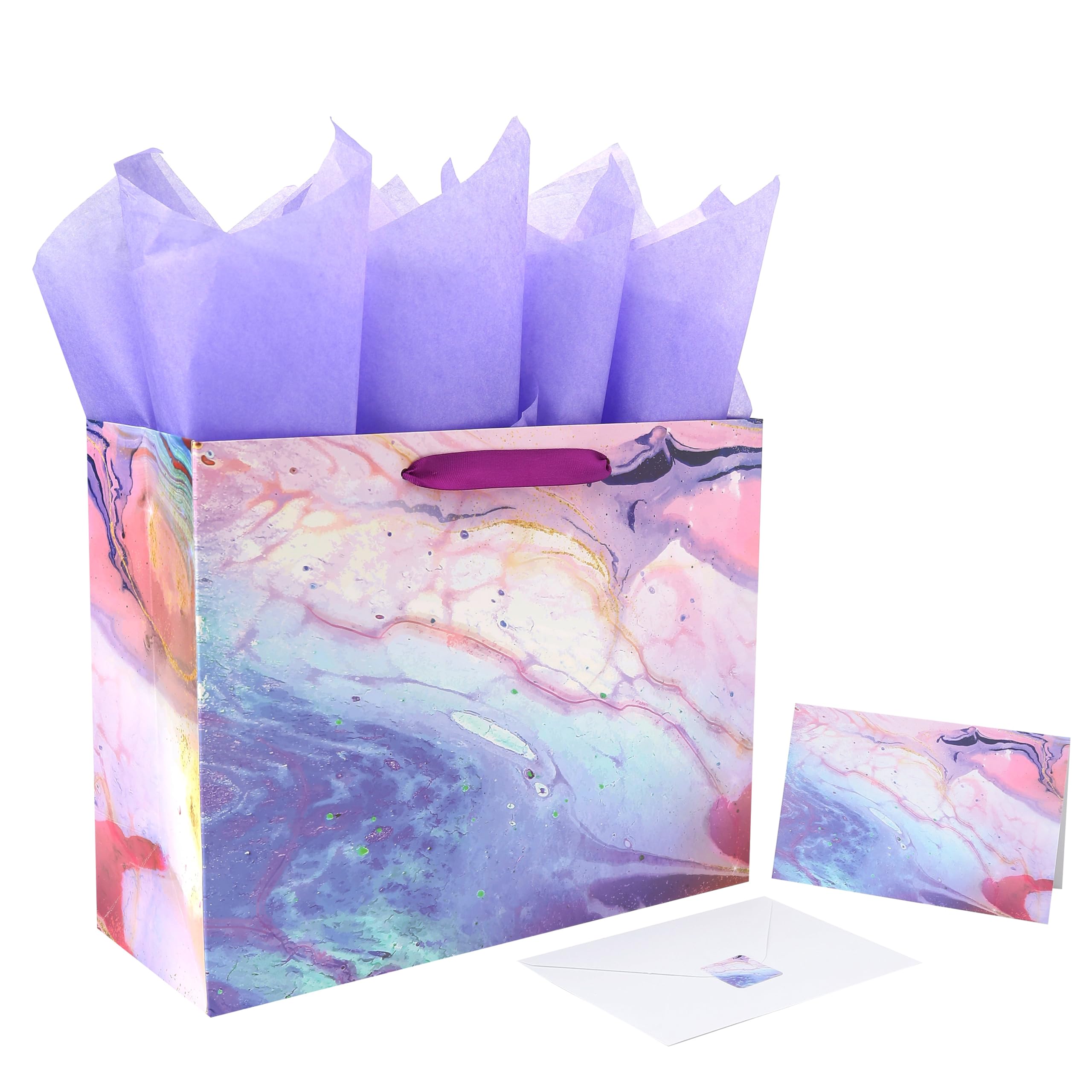 13" Large Purple and Red Gift Bag Set with Greeting Card and Tissue Paper(Marble Design) for Celebrating Birthdays, Valentine's Day, Weddings, Anniversaries, Mother's Day- 13”x5.2”x10.2”,1 Pcs