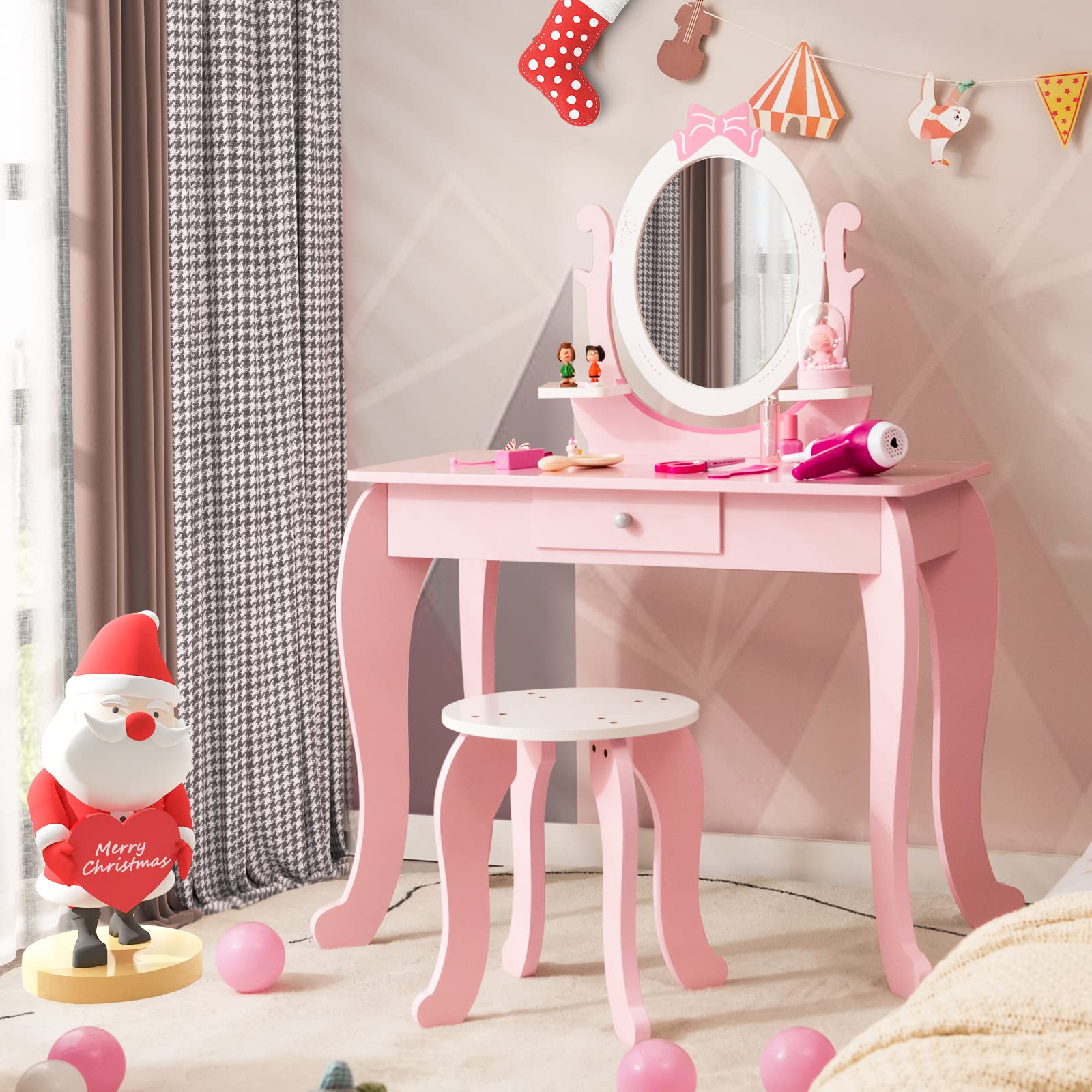 KOTEK 2-in-1 Kids Vanity with Detachable Top & 360° Rotating Mirror, Little Girls Vanity Set with Mirror, Stool and Drawer, Pink Princess Dressing Table & Chairs, Makeup Vanity Desk for Toddler 3-7