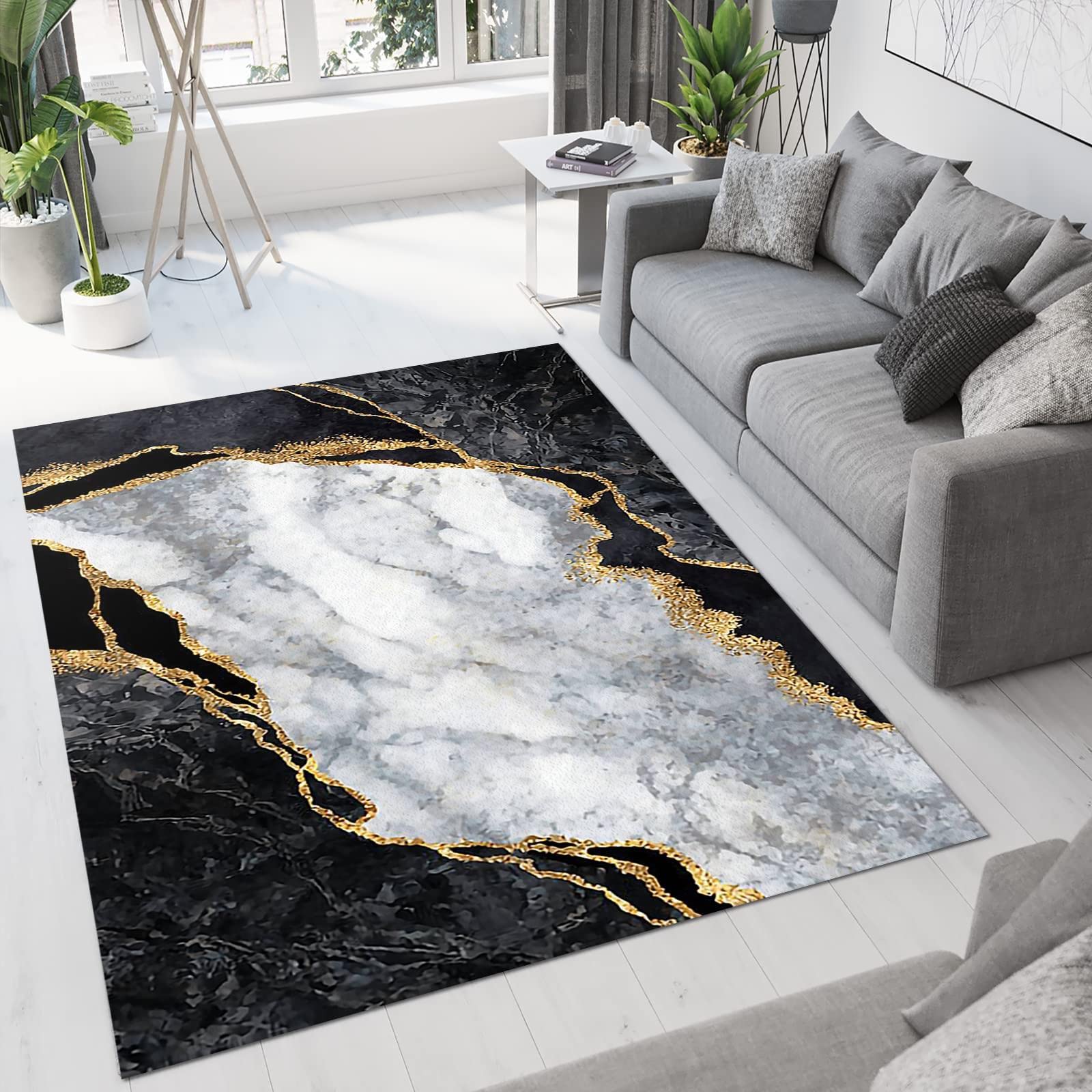 Nordic Luxury Black Gold White Geometry Art Area Rug, Abstract Marble Indoor Rug, Soft Foldable Non Slip Breathable Foldable Carpets for Living Room Bedroom Entryway Hotel Office 3x5ft