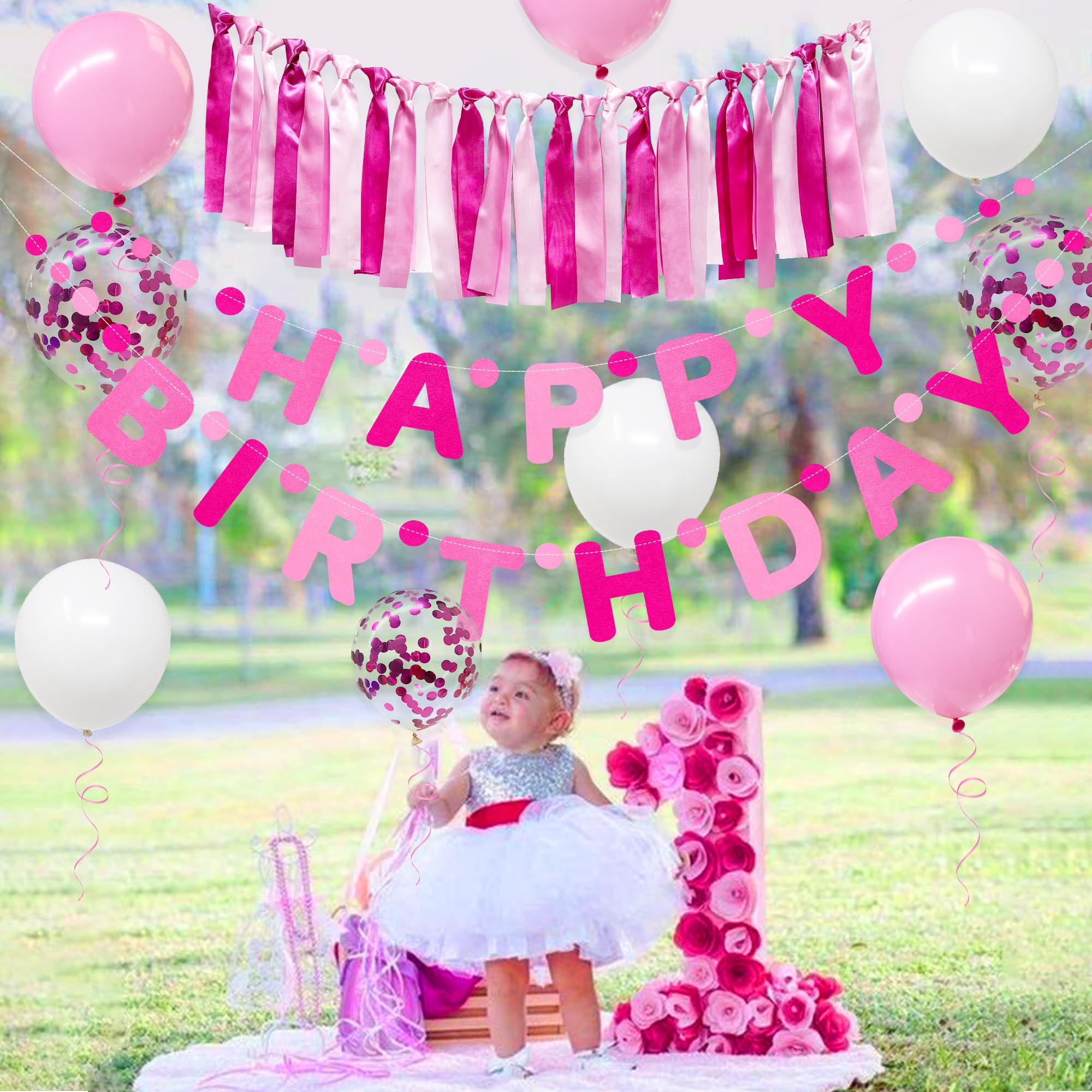 Hot Pink Birthday Felt Party Decorations for Girls Women Happy Birthday Banner Pink Ribbon Garland Balloon Backdrop Happy Birthday Decorations for Hot Girl Bday Princess Theme Birthday Party Supplies