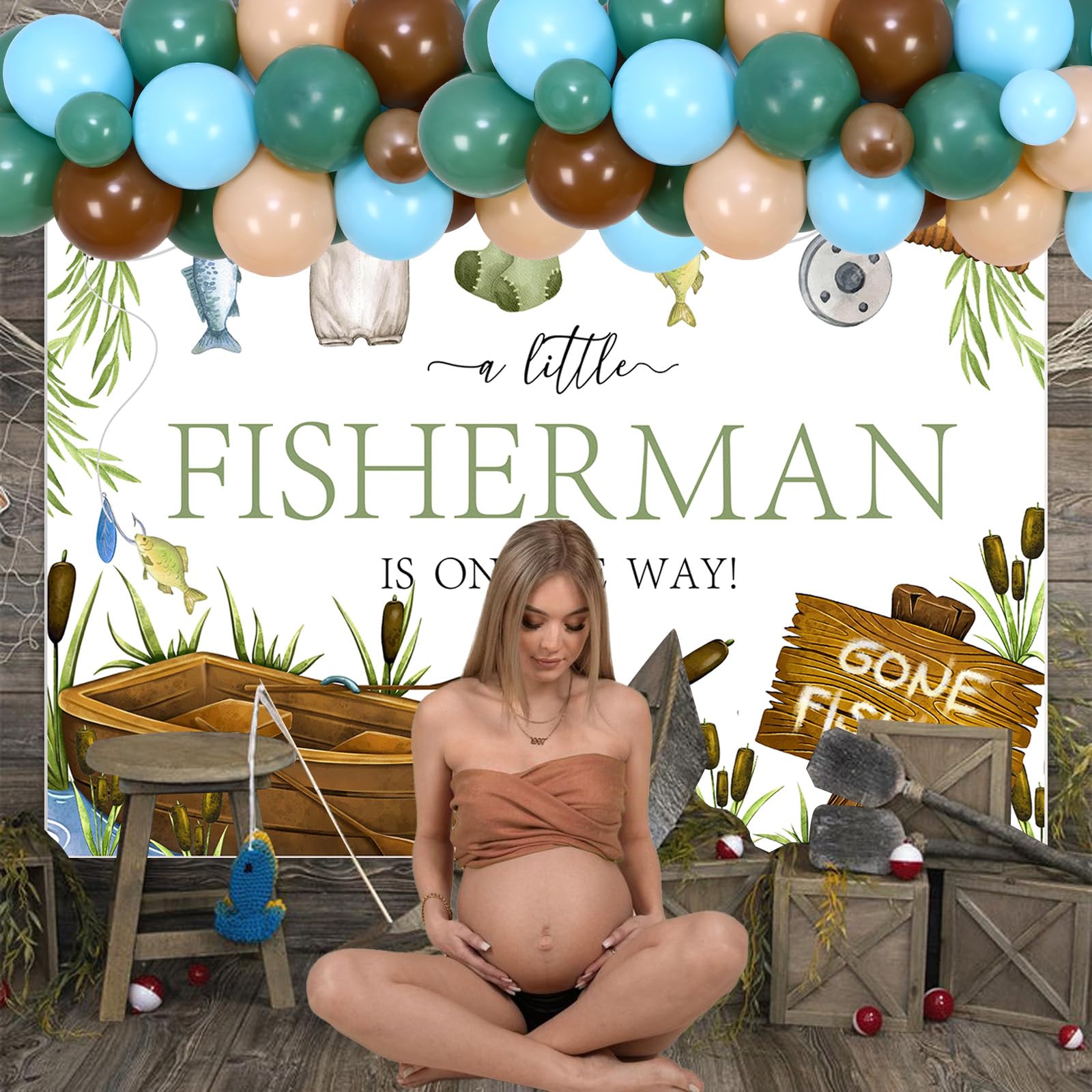 kreat4joy Fishing Baby Shower Decorations for Boy, Gone Fishing Baby Shower Decorations, Blue Green Brown Balloon Arch with a Little Fisherman Is On The Way Backdrop for Fish Outdoor Adventure Camping