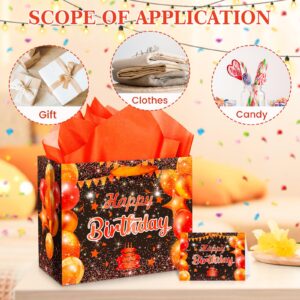 Large Happy Birthday Gift Bags Orange Birthday Gift Bag with Handle and Tissue Paper Card Birthday Gift Bags for Kids Adults Birthday Party Bags Birthday Candy Bags Treat Bags Orange Birthday Suppy