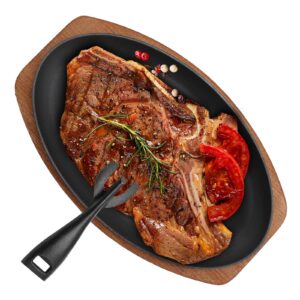 cast iron steak plate sizzle griddle, round shape grill fajita server plate, with wooden base steak pan, household use or restaurant supply (12" diameter)