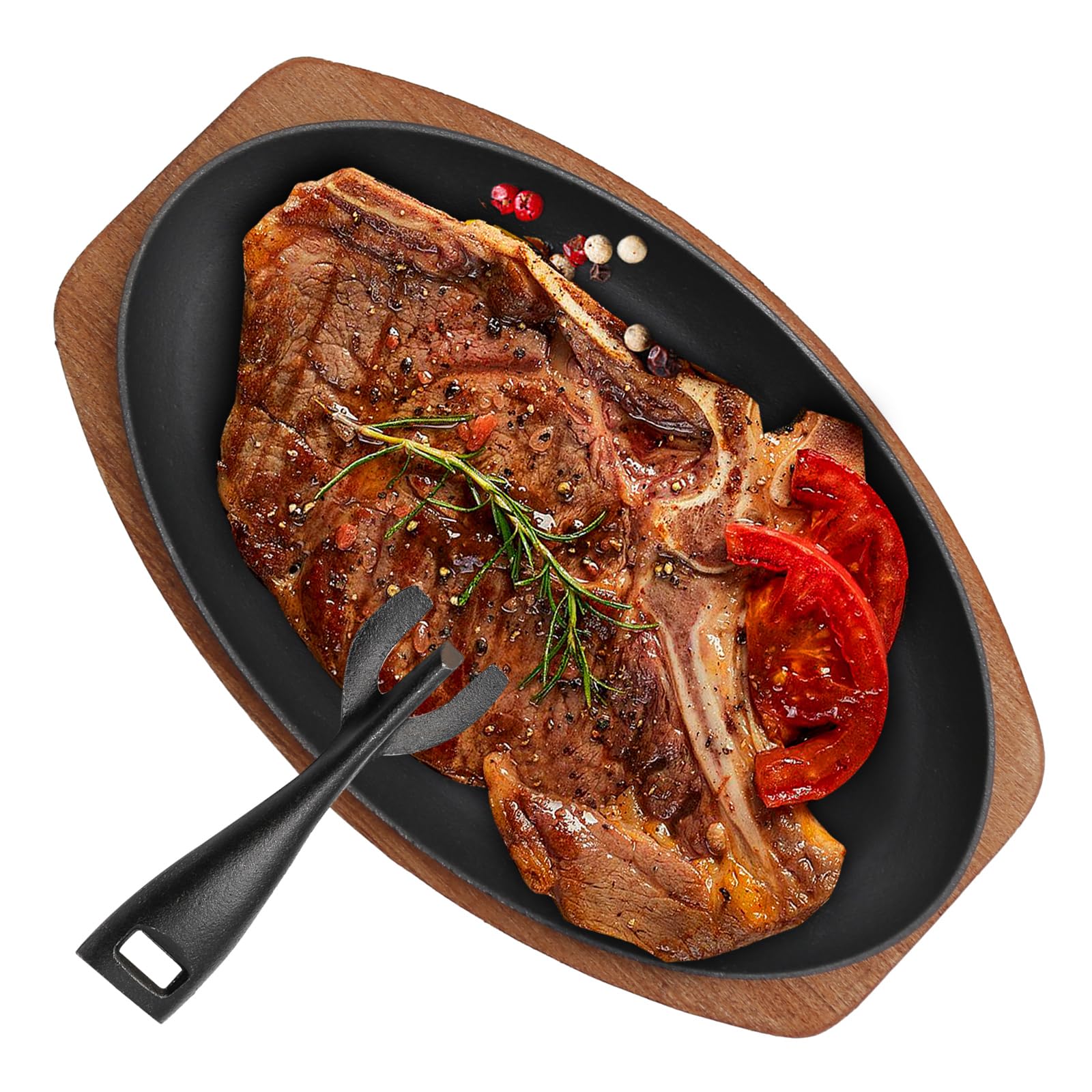 Cast Iron Steak Plate Sizzle Griddle, Round Shape Grill Fajita Server Plate, with Wooden Base Steak Pan, Household use or Restaurant Supply (12" Diameter)