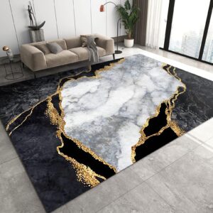 nordic luxury black gold white geometry art area rug, abstract marble indoor rug, soft foldable non slip breathable foldable carpets for living room bedroom entryway hotel office 3x5ft