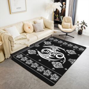 dragon black white area rug 5x6'6''x0.39'',ethnic traditional paisley flower indoor floor mat for playroom bedside sofa bedroom,retro vintage country decor non slip decorative rug for living room